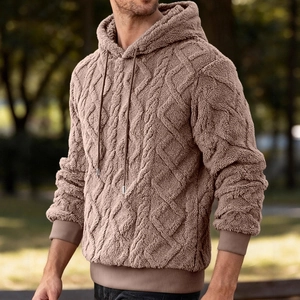 Felpa con cappuccio kaki da uomo con motivo a rombi jacquard in pile caldo