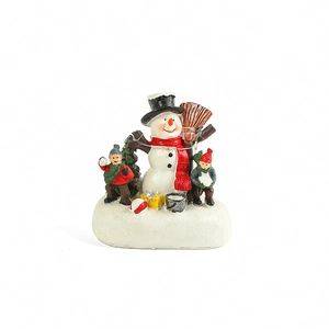 Luminous resin Christmas house ornament featuring a snowman and children in winter scenery