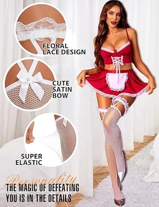 Detail showing floral lace design and super elastic fabric of the red maid outfit