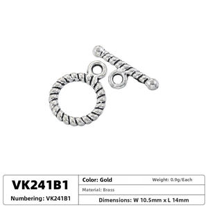 Macro detail of twisted brass OT toggle clasp with dimensions for jewelry making