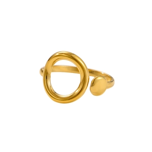 Detail of elegant gold geometric open ring with minimalist oval and circular design