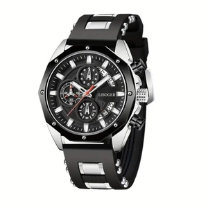 Men's chronograph watch with black silicone strap and silver metal inserts on white background