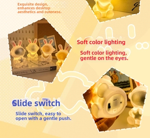 Detail view showing astronaut bunny night light with push switch on a wooden desk