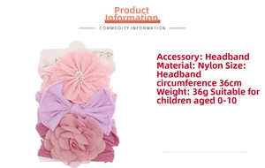 Detail view of 36cm nylon baby headbands set with floral and bow decorations