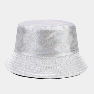 Detailed view of silver sequin sun hat showing reflective metallic glitter texture