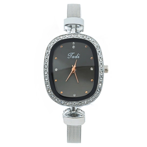 Elegant women's silver mesh watch with an oval black dial and rhinestone bezel