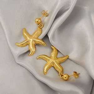 Starfish Drop Earrings 18K Gold Plated Stainless Steel Textured Ocean Series Marine Style Jewelry For Women Fashionable