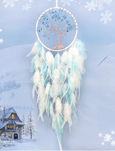 Detail of tree of life dreamcatcher with blue crystals and soft white feathers
