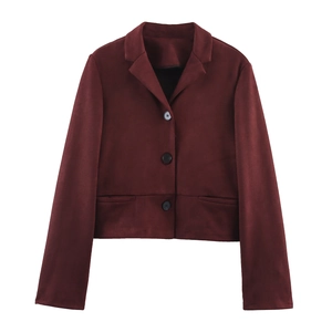 Women Faux Suede Short Jacket Lapel Collar Single Breasted Long Sleeve Burgundy Vintage Casual Outerwear Coat