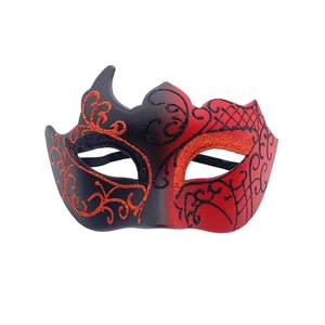 Men's half face masquerade mask with red and black glitter patterns for party events