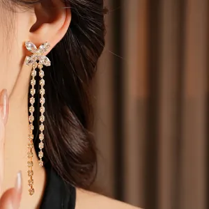 Elegant 18K gold plated butterfly tassel earrings with sparkling zircon crystals for women