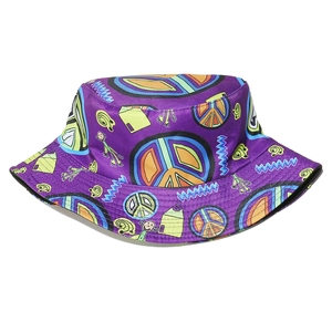 Purple bucket hat with peace signs and cartoon graffiti prints for outdoor sun protection
