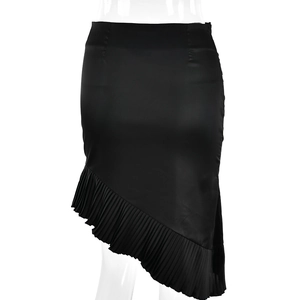 Detailed view of the black satin ruffled skirt with asymmetrical pleated hemline
