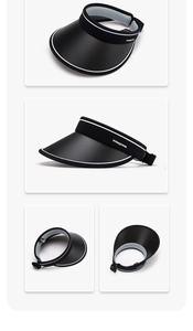 Detail view of the black UV visor hat with white trim and adjustable strap design