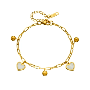 Gold plated stainless steel chain bracelet with white shell heart and bead charms