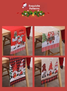 Detail of four Christmas table runners with snowman and gnome prints on linen fabric