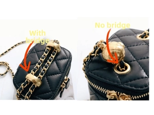 Detail view of quilted leather mini bags with and without bridge metal hardware