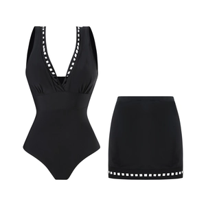 Detail of sexy deep V-neck black swimsuit with square hollow-out patterns and matching skirt