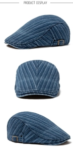 Detailed views of striped denim flat cap showing side adjustable metal buckles and stitching