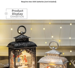 Close-up of vintage Christmas lanterns with snowman scenes, powered by 3 AAA batteries