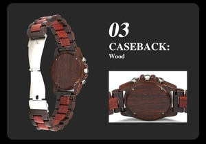 Macro detail of the wooden caseback and metal folding clasp on this men's quartz watch