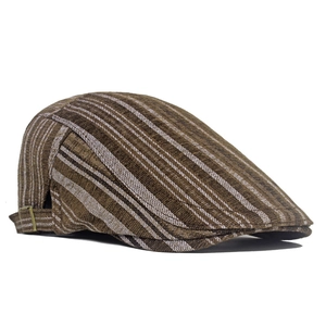 Classic brown striped newsboy cap for men featuring adjustable buckle and warm lining
