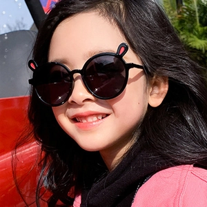 Kids round sunglasses with cute red bunny ears and black frame for outdoor sun protection