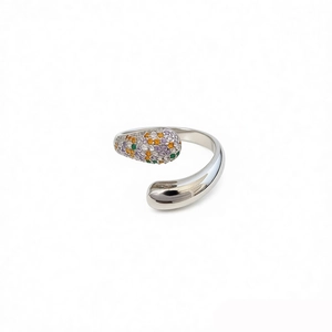 18k gold plated open ring featuring multi-color zircon stones and water drop design