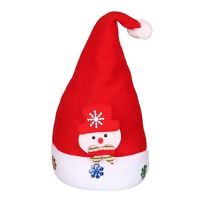 Classic red Christmas hat with 3D snowman figure and colorful snowflake embroidery