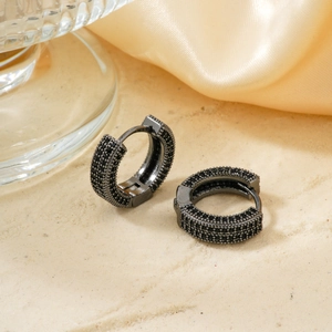 Elegant gun black round hoop earrings with micro-paved black zircon stones for men and women