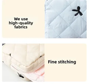 Detailed close-up of quilted fabric texture and precision stitching on the storage pouch
