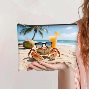 Detail der strapazierfähigen Canvas-Kosmetiktasche mit HD-Strandkrabben-Print und Reißverschluss