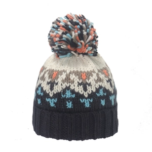 Winter mohair knit beanie with colorful geometric jacquard patterns and top pompom