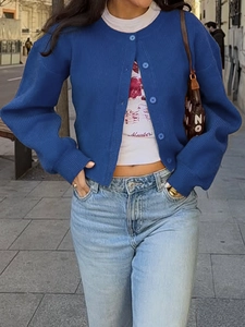 Women's blue rib-knit button-down cardigan with round neck and trendy short cut