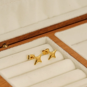 Minimalist 18k gold plated stainless steel North Star stud earrings in a white velvet box