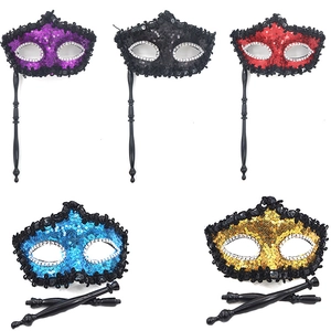 Venetian style sequin half face mask set with side butterfly and handheld wand for parties