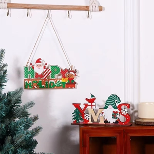 Detail of wooden Christmas ornaments featuring Happy Holiday signs and festive gnome figures