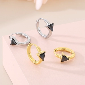 Minimalist 18K gold and silver plated triangle earrings with black onyx style inlay