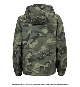 Rear view of men's woodland camouflage windbreaker with hood and elastic cuffs