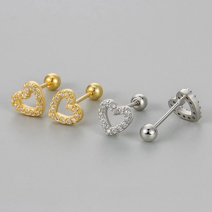 Shiny Hollow Heart Copper Stud Earrings With Pave Rhinestone Accents And 925 Sterling Silver Earring Post For Women Jewelry