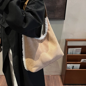 Winter camel suede shoulder bag with white faux fur trim and soft fleece details