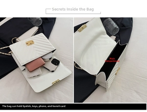 Detail of the white quilted crossbody bag showing interior capacity and golden lock