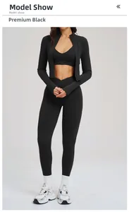 Three-piece black fitness set with zipper jacket, V-neck sports bra and high-waist leggings
