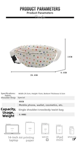 Detailed size chart for the polka dot crossbody bag showing dimensions and capacity