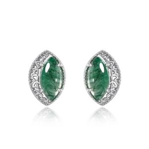 S925 silver stud earrings with marquise-cut green moss agate stones and metal base
