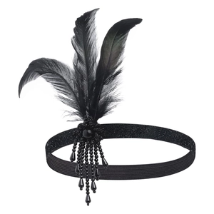 1920s vintage black feather headband with sequin band and beaded pendant for parties