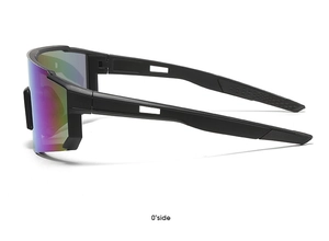 Side view of matte black sports sunglasses with large iridescent wraparound lenses