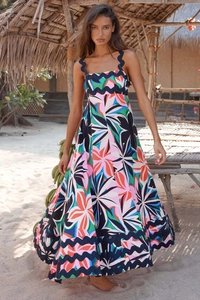 Detail of colorful floral print and wavy woven trim on a summer maxi dress