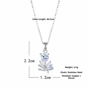 Detail view of leaf necklace with pear-cut zircon and dimensions 2.2x1.2cm