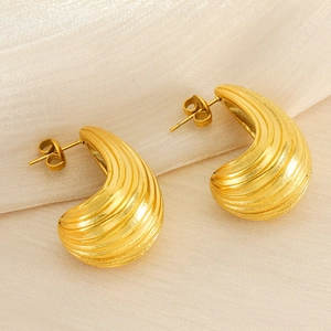 Detailed macro view of gold-plated water drop earrings featuring horizontal ribbed texture